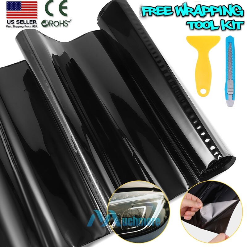 12x72 Glossy Dark Black Smoke Vinyl Film for Headlights Taillights Fog Lights