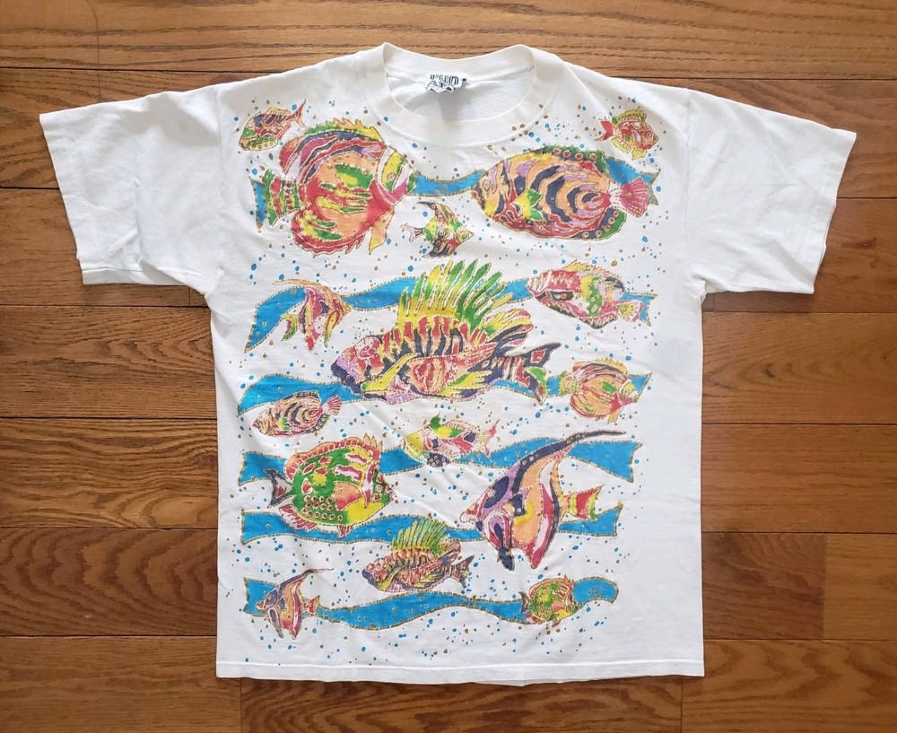 Vintage Fun Art Colorful Ocean Fish Single Stitch T-shirt Size Large USA 90s