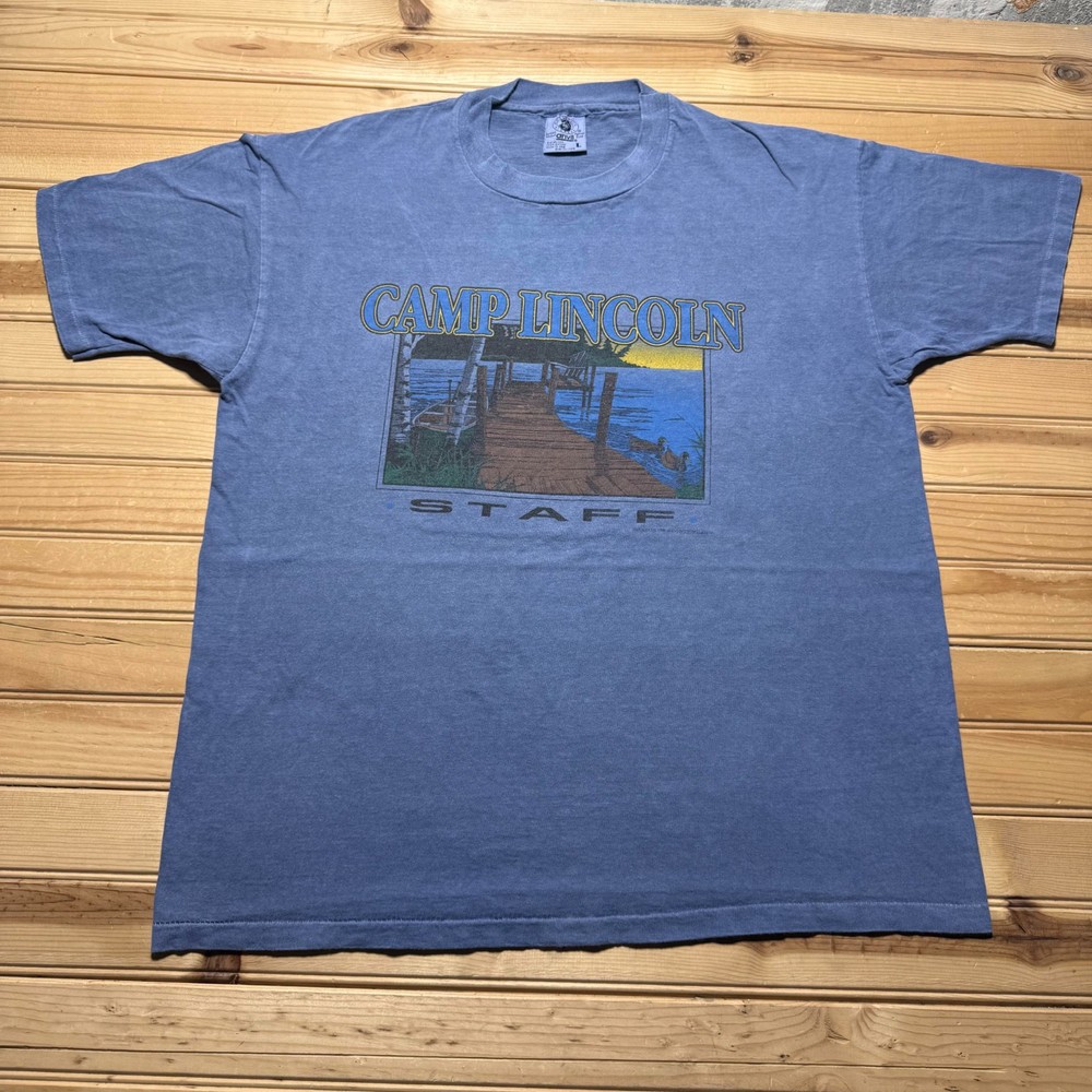 Vintage 90s Camp Lincoln Staff Lake Dock Boat Nature Graphic T-Shirt USA - Large