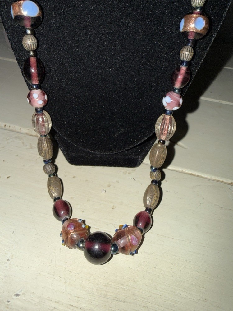 Artisan Lampwork Glass Bead Necklace Purple Plum Venetian Style Handmade