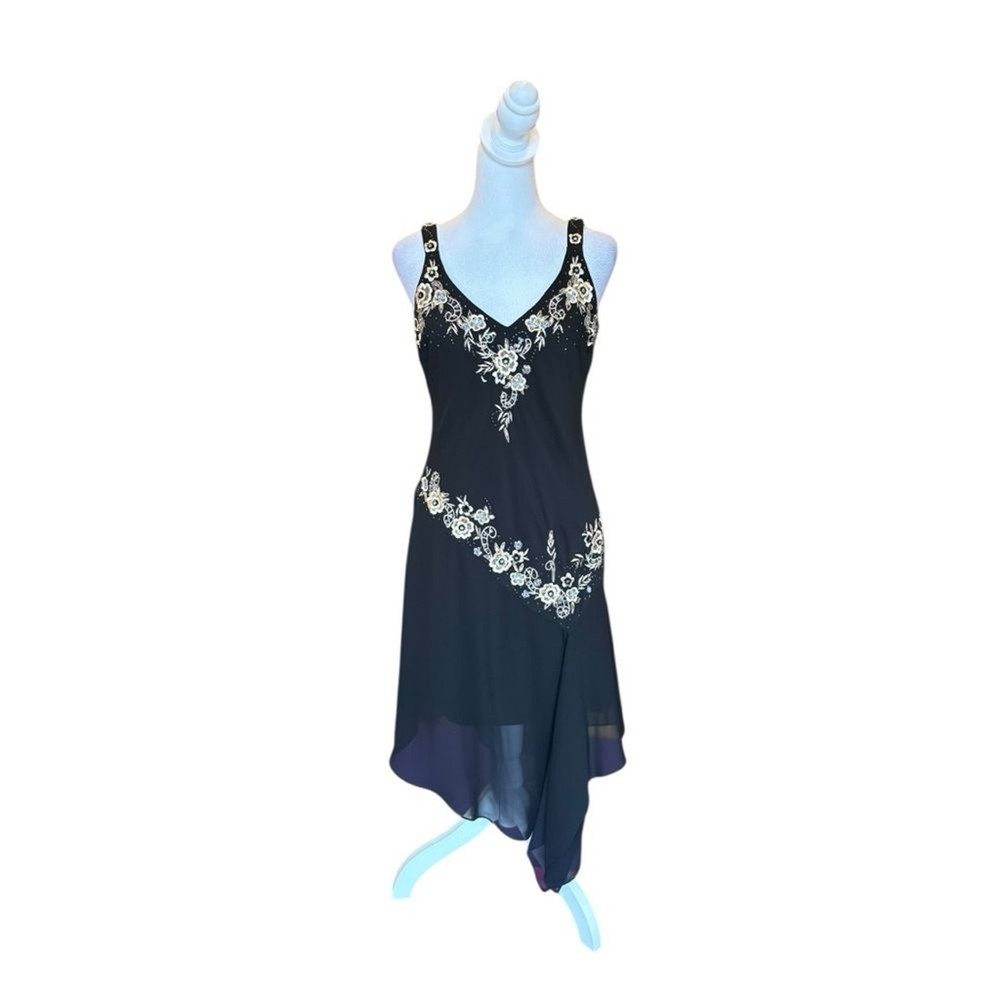 Vintage R&M Richards Black Floral Dress Asymmetrical Hem Y2K Fairy Womens 6P