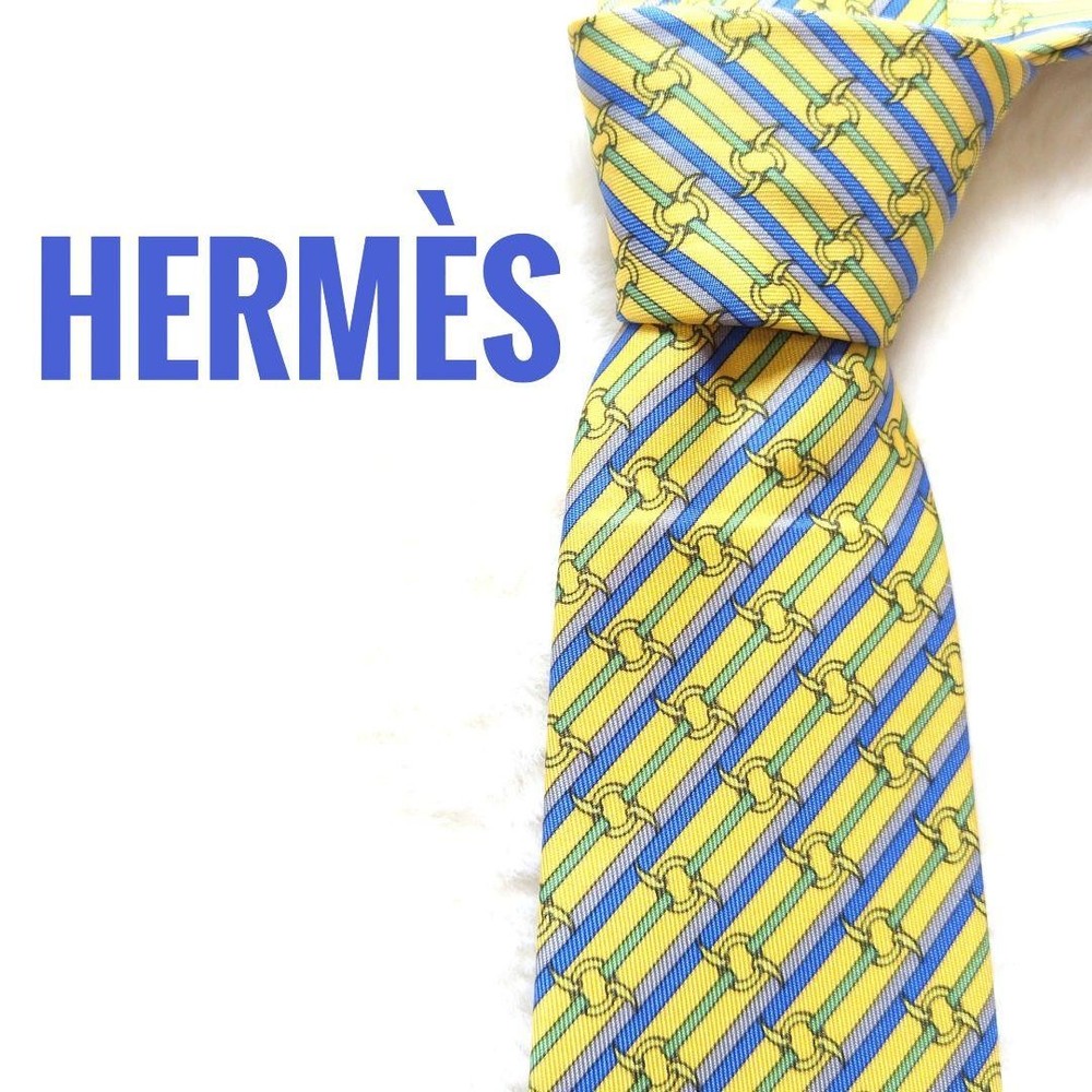 HERMES Necktie Tie All over Striped pattern Yellow Blue Made in France 100% Silk
