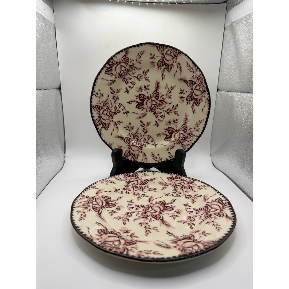 Wood & Sons England Rose Floral Burgundy Transferware Plates Set of 2 6.75