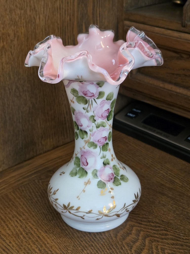 Fenton Charleton Rose Peach Crest Ruffled Hand Painted Vase - Original Sticker