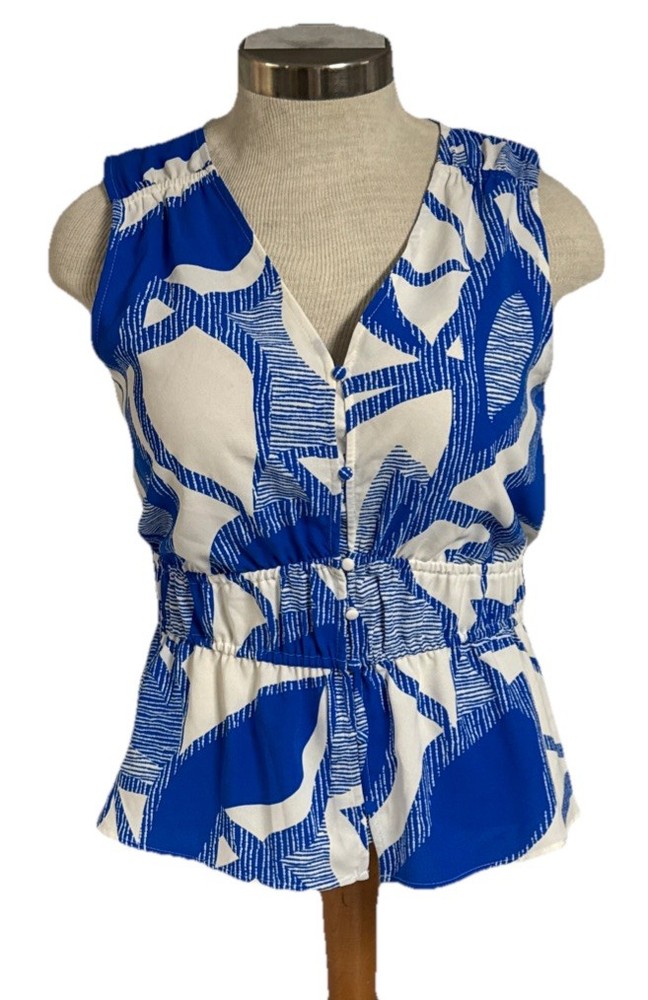 Nine West Abstract V-Neck Sleeveless Button Blouse L Blue/White