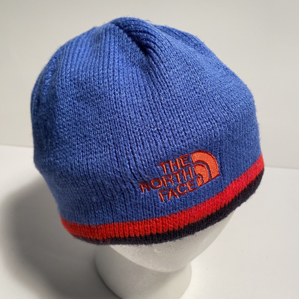 North Face Youth Fleece Beanie Medium Blue with Embroidered Logo Winter Cap