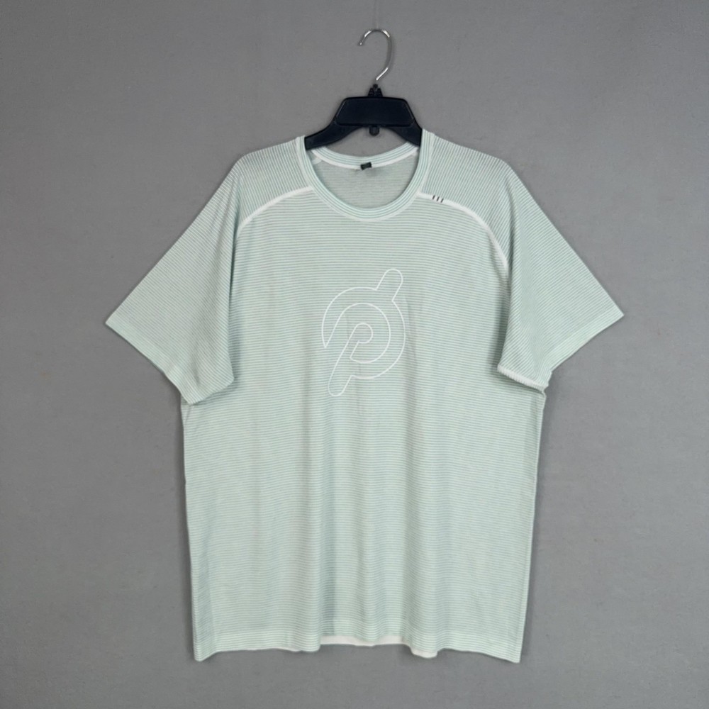 Lululemon Shirt Mens 2XL Green Stripe Short Sleeve Training Performance Gym Yoga