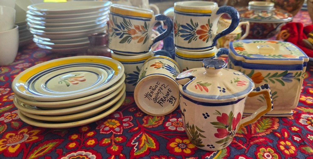 Quimper Pottery France - 5 demitasse cups & saucers, sugar & creamer w/lids.