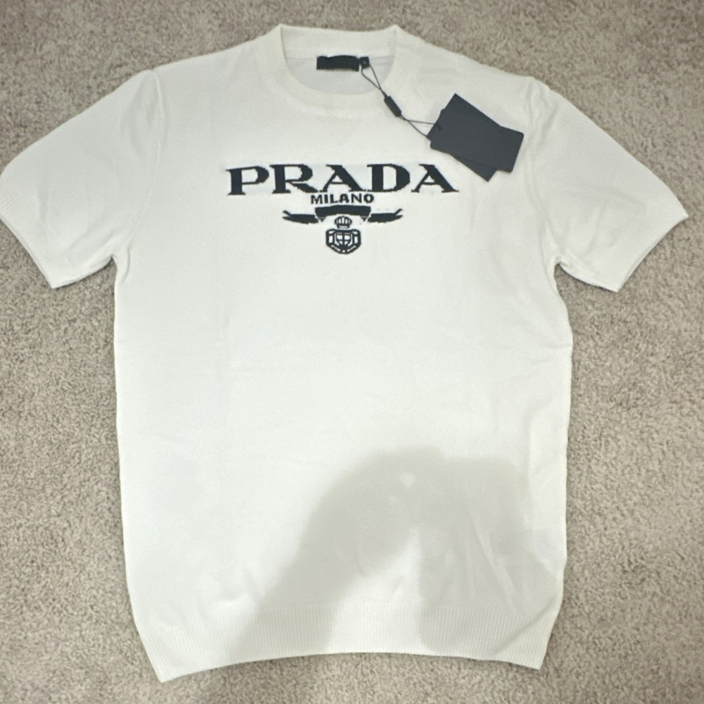 PRADA Men’s L White Milano Logo Graphic Crew Neck Short Sleeve Cotton T-Shirt