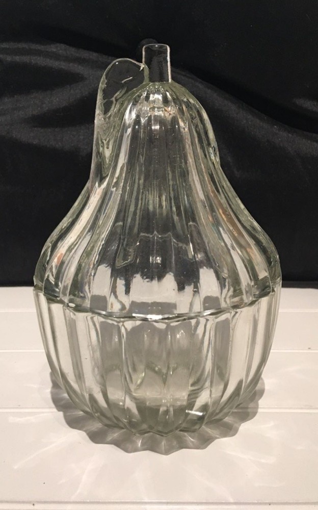 Vintage Clear Ribbed Glass Pear Shaped Covered Jar / Candy Dish with Lid