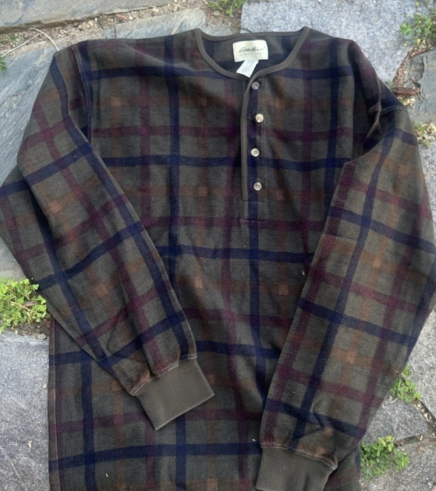 Eddie Bauer Henley Button Shirt Mens Large Green Plaid Outdoor Hunt XL Vintage