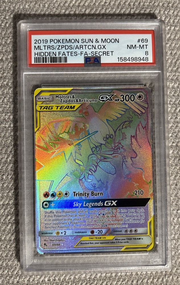 Moltres Zapdos Articuno GX #69 Hidden Fates Secret 2019 Pokemon Sun & Moon PSA 8