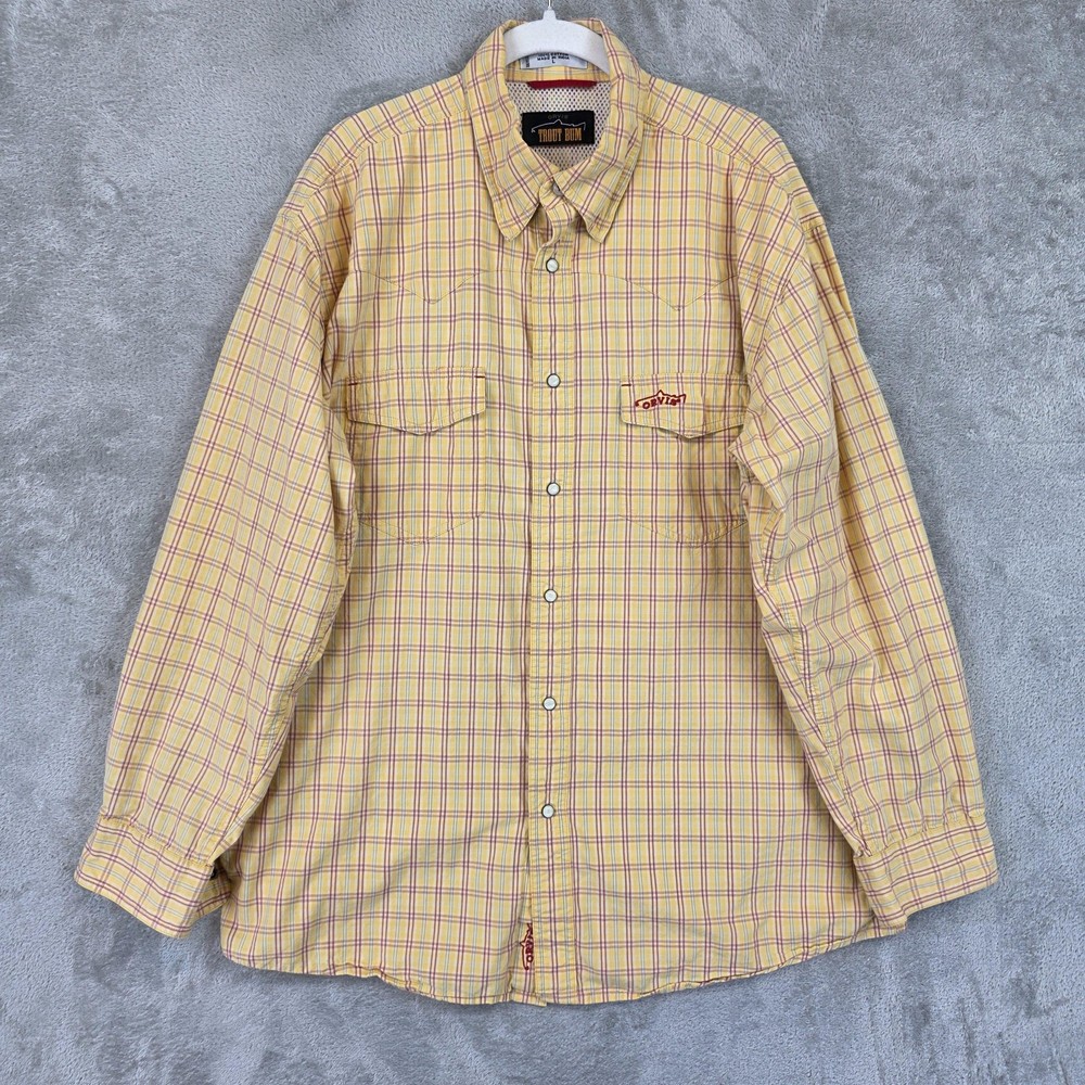 Orvis Shirt Mens Large Yellow Plaid Trout Bum Snap Front Fishing Vented Outdoor