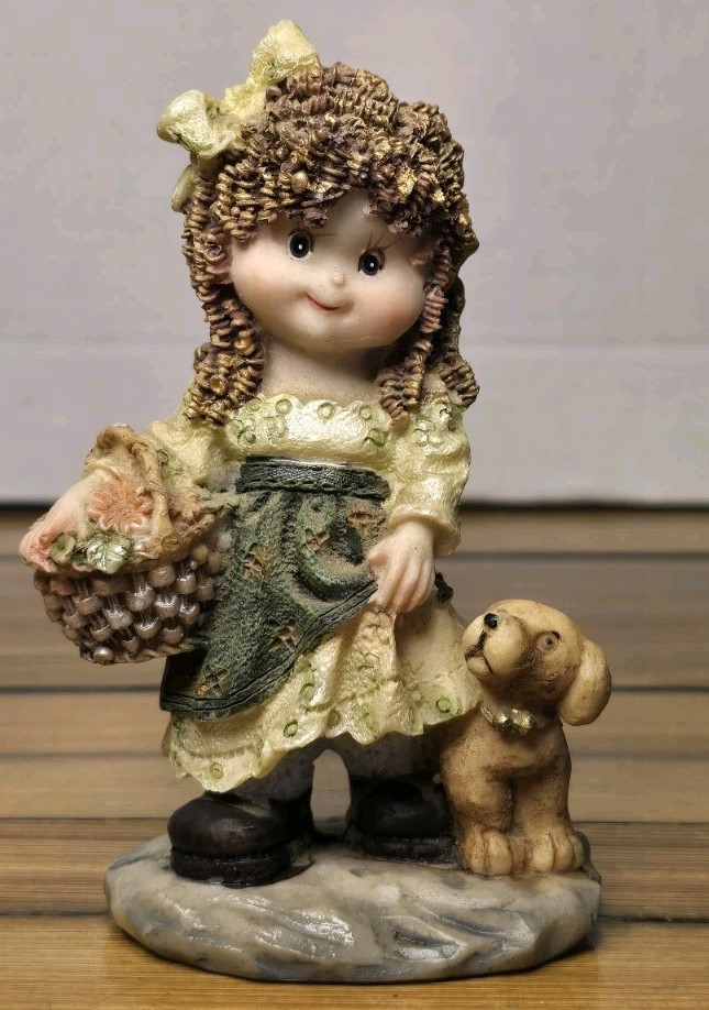 Vintage K's Collection Girl with Flower Basket and Puppy Dog Resin Figurine 5