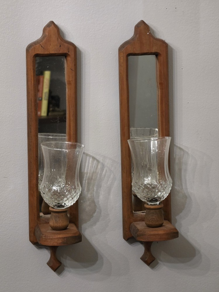 Vintage Wood Mirror Candle Wall Sconce Pair | 18
