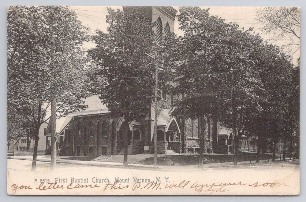 1908 First Baptist Church Mount Vernon NY Rotograph Postcard Posted