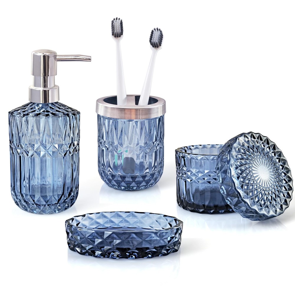 Blue 4-Piece Glass Bathroom Accessories Set for Modern Decor
