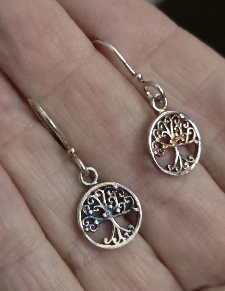 Vintage Sterling Silver Tree Of Life  Earrings Nice Patina .925 Dangle