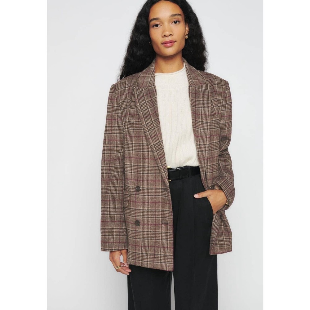 Reformation Winston Blazer XS Chestnut Plaid Wool Blend Double Breasted