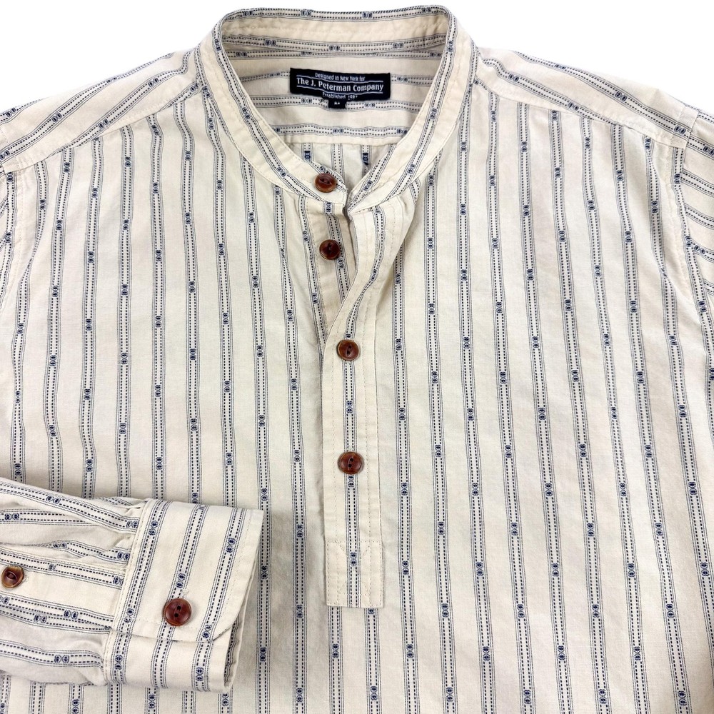 The J Peterman Company Shirt Mens Medium Tan Stripe Band Collar Henley Cotton