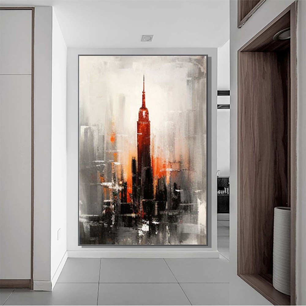 Handmade Abstract Red Room Empire State Building Oil Painting on Canvas