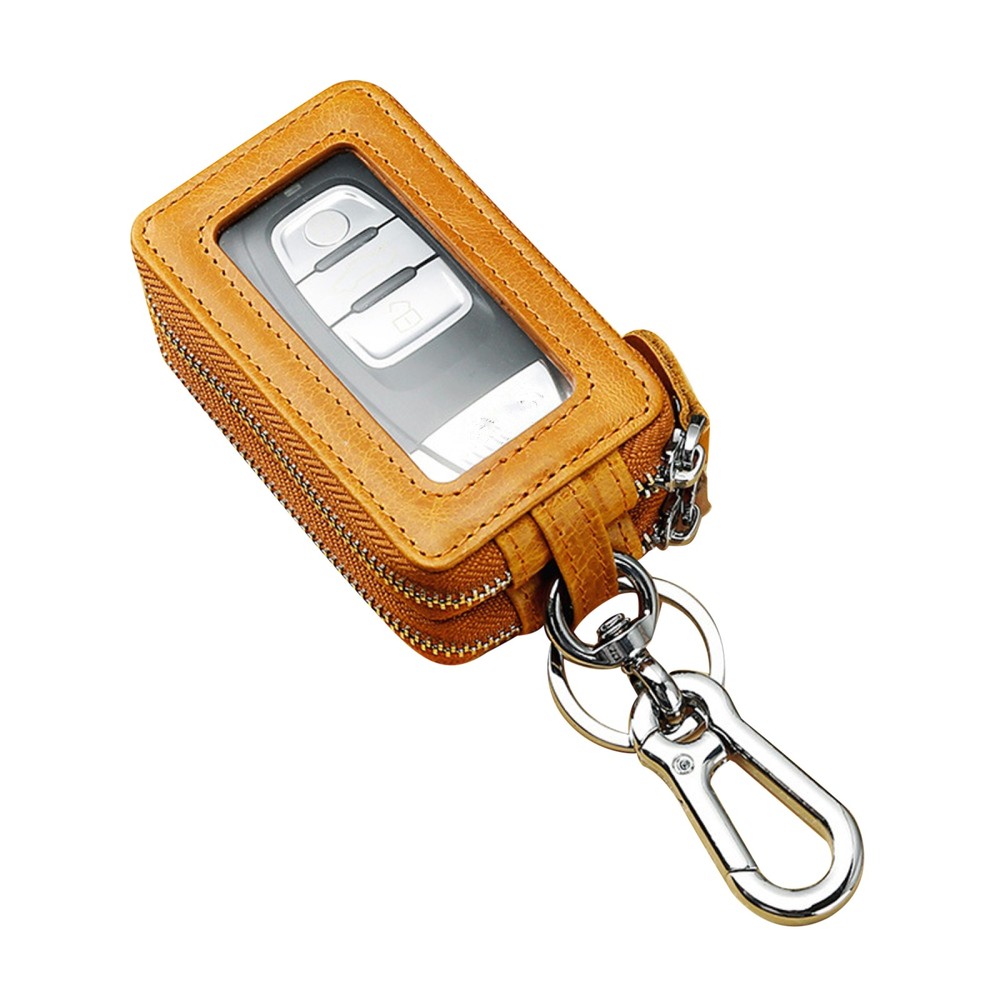 Double Layer Genuine Leather Car Key Holder with Zipper Pouch