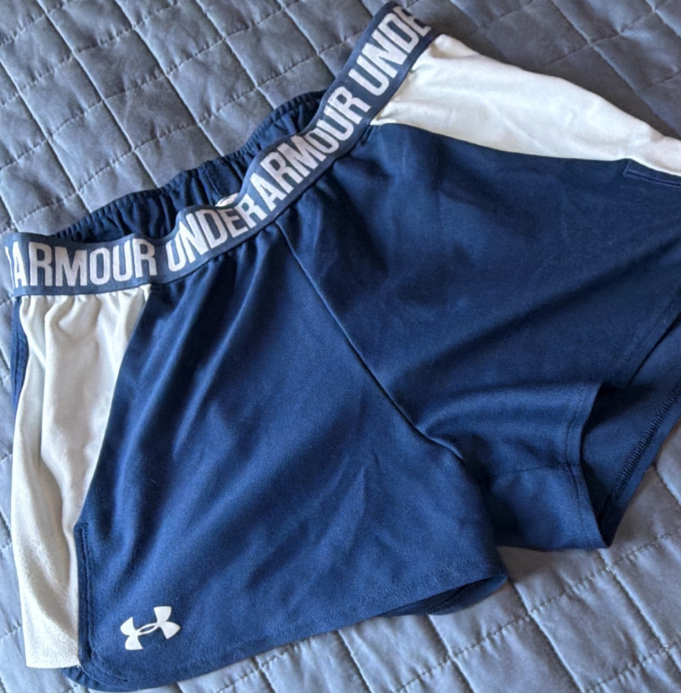 Under Armour Women's Athletic Shorts Navy White Knit Elastic Waist Colorblock S