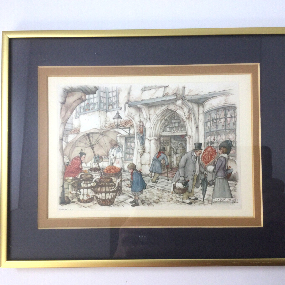 Vintage Picture Art Print Framed City Scene Signed Anton Pieck 1970