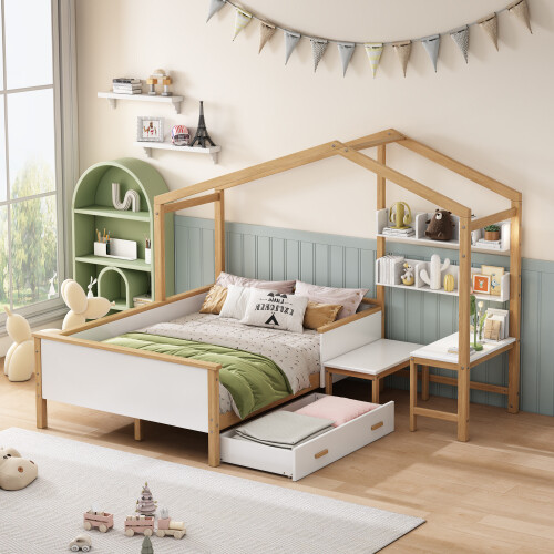 Full Size Wooden House Bed Frame with Drawer Desk Bookshelf for Bedroom