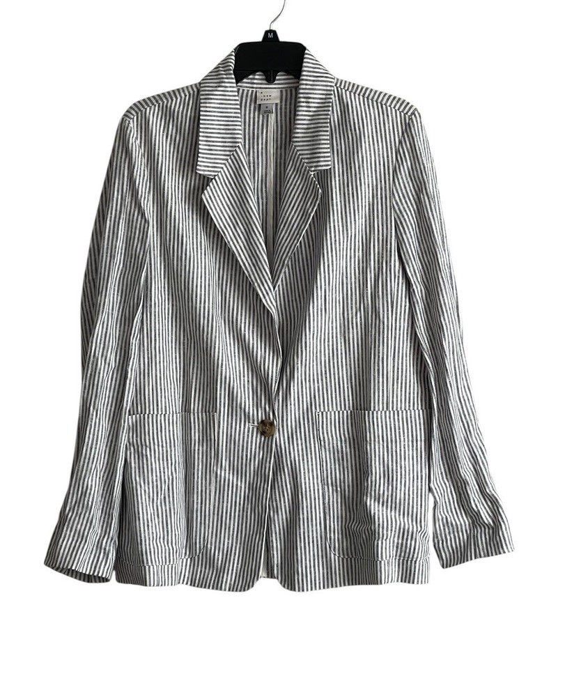 A New Day Blazer Med Linen Blend Jacket Gray Striped Office Preppy Casual