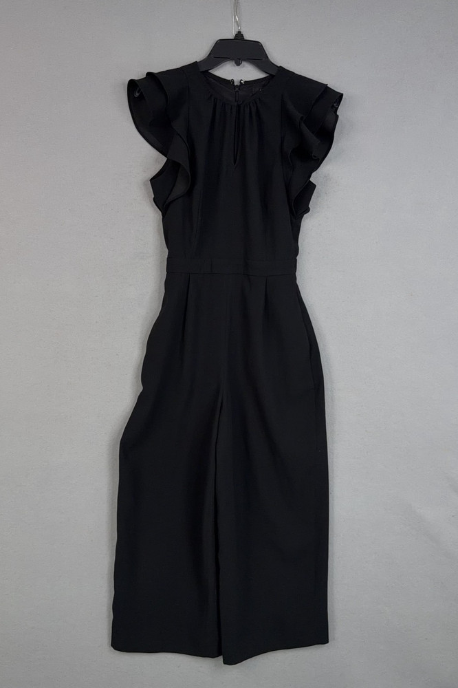 J Crew Jumpsuit Womens 0 Black Ruffle Sleeve Wide Leg Crop Dressy Work Office