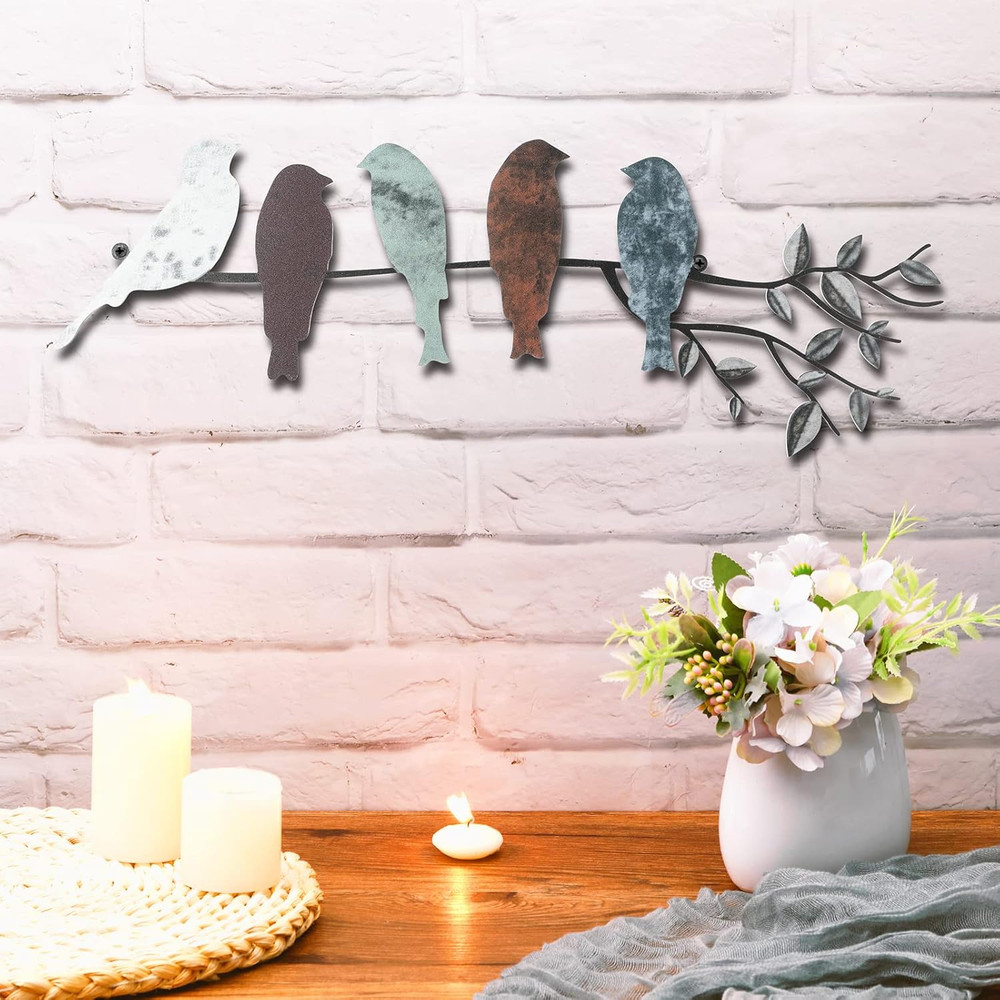 Metal Bird Wall Art - Birds on Branch with Leaves - Metal Sculpture Wall Hanging