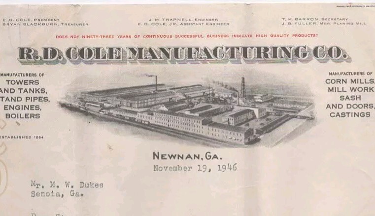 1946 R. D. Cole Manufacturing Co. Order Contract Letter Illustrated Newnan GA