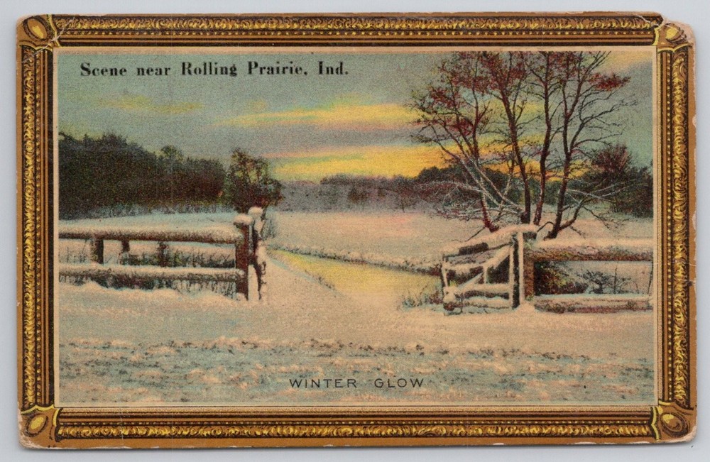 1913 Rolling Prairie, Indiana Winter Glow Postcard - Walkerton Postmark