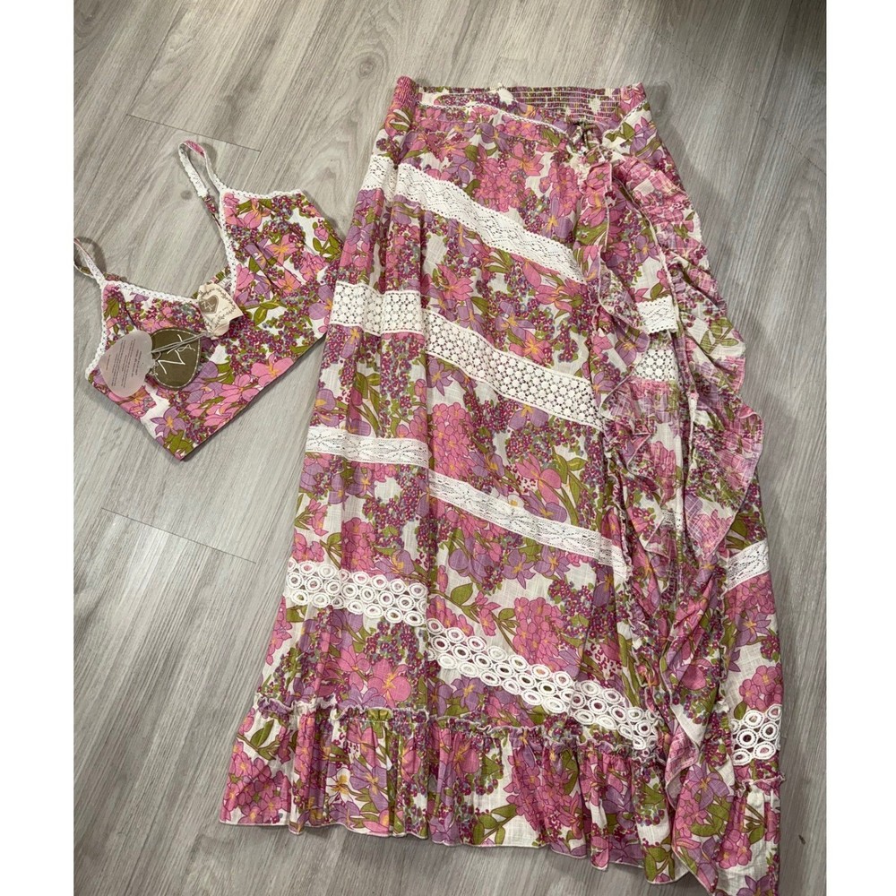 Z&L Europe Women Pink Floral Lace Trim Crop Top and Maxi Skirt Set Size L NWT