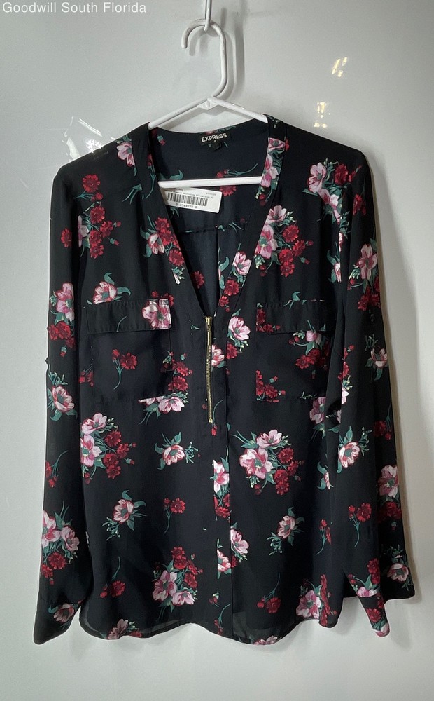 Express Women's Multicolor Floral Long Sleeve 1/4 Zip Popover Blouse in XL