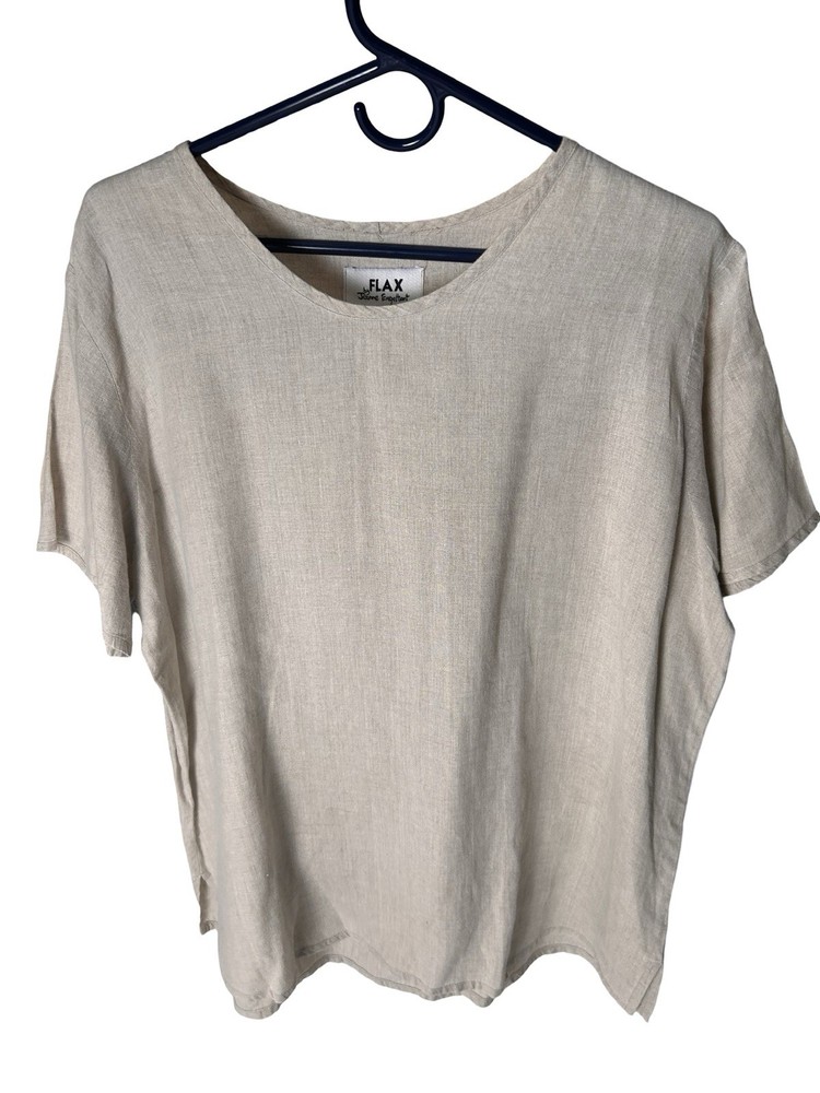 FLAX Jeanne Engelhart Linen Shirt Size Medium Khaki Short Sleeve Blouse Relaxed