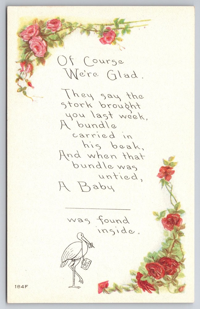 Vintage New Baby Stork Postcard Owen Card Pub Co Elmira NY Roses Poem 184F