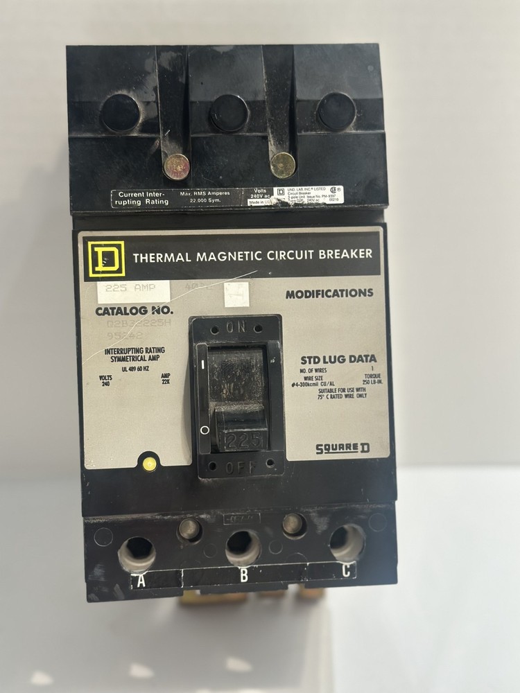 Square D Q2B32225H 225A 3-Pole 240V I-Line Thermal Magnetic Circuit Breaker
