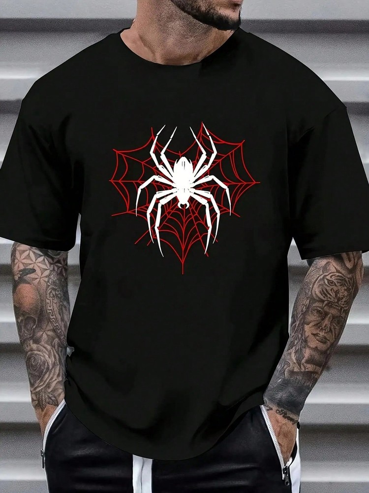 Men'S Black T-Shirt With Red Spider Web Design - Casual Crew Neck, Short Sleeve