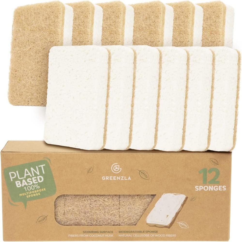 Greenzla Plant-Based Kitchen Sponges 12-Pack Eco-Friendly Dish Cleaning