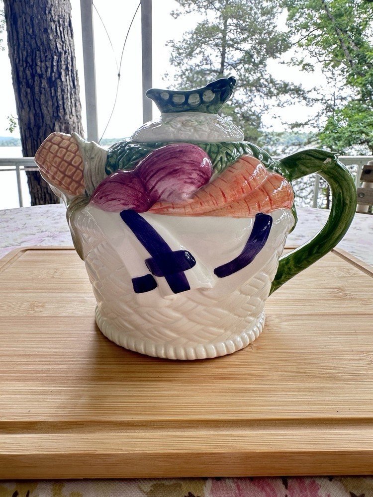 C.KAO Vintage Ceramic Vegetable Basket Teapot Hand Painted Corn Eggplant Carrot