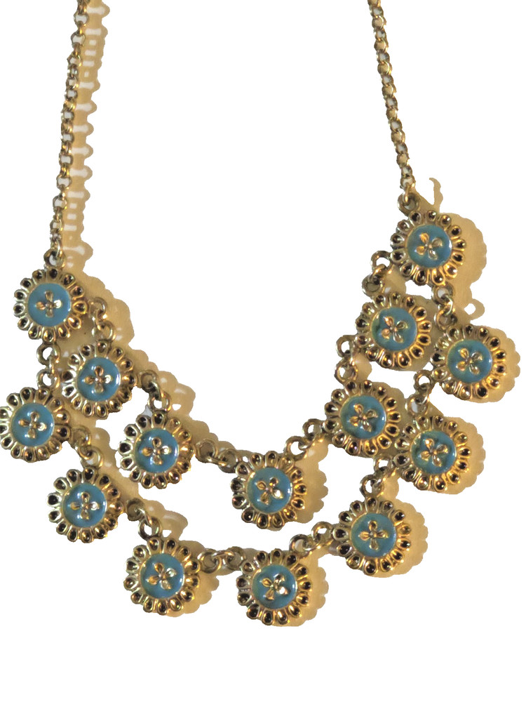 Vintage Liz Claiborne Crazy Horse aqua  gold tone necklace enamel flowers 16
