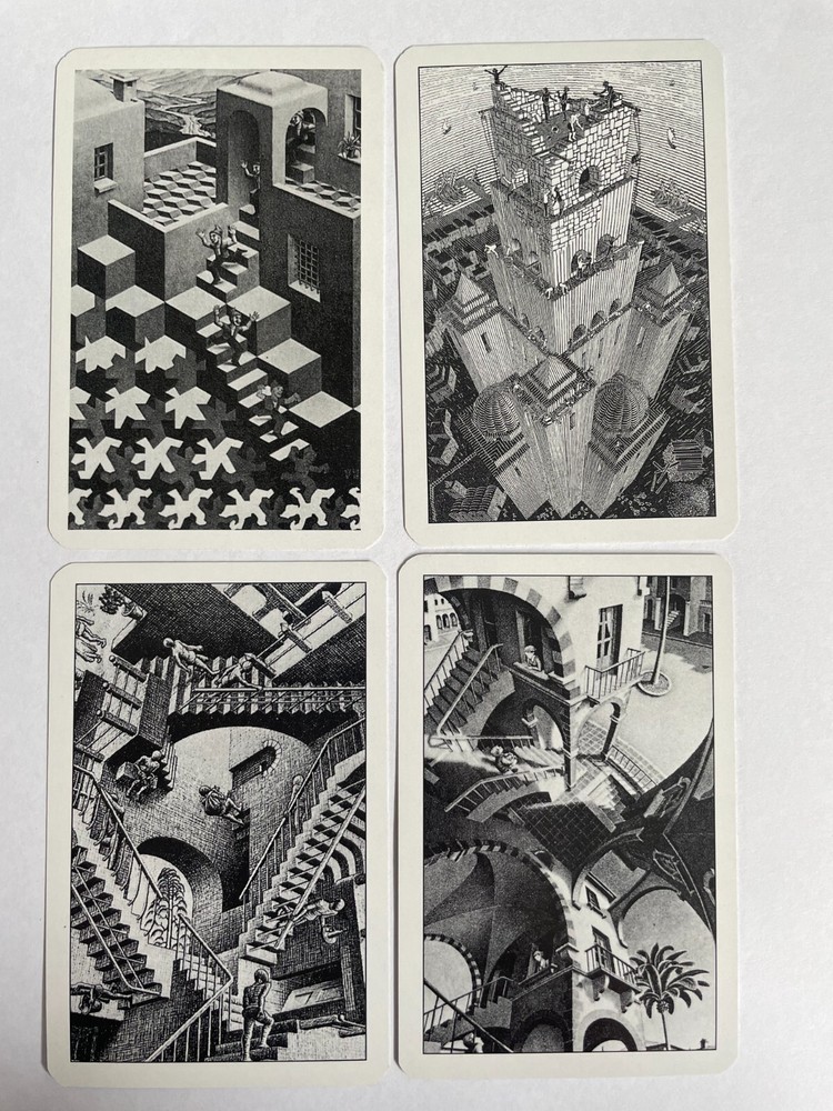 Escher Dutch Graphic Artist Abstract Art Building People Playing Swap Cards Set-image