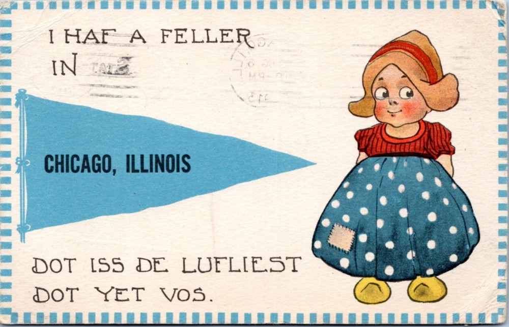 Postcard Pennant Dutch Girl IL Chicago I haf a feller iss de lufliest