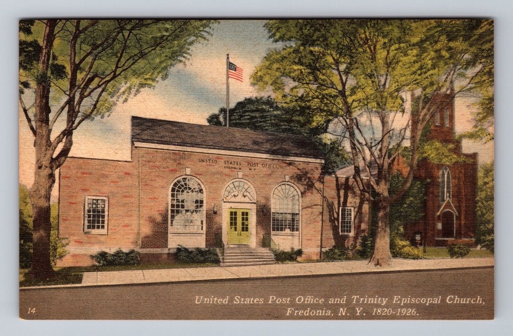 Fredonia NY-New York U.S Post Office Trinity Episcopal Church Vintage Postcard