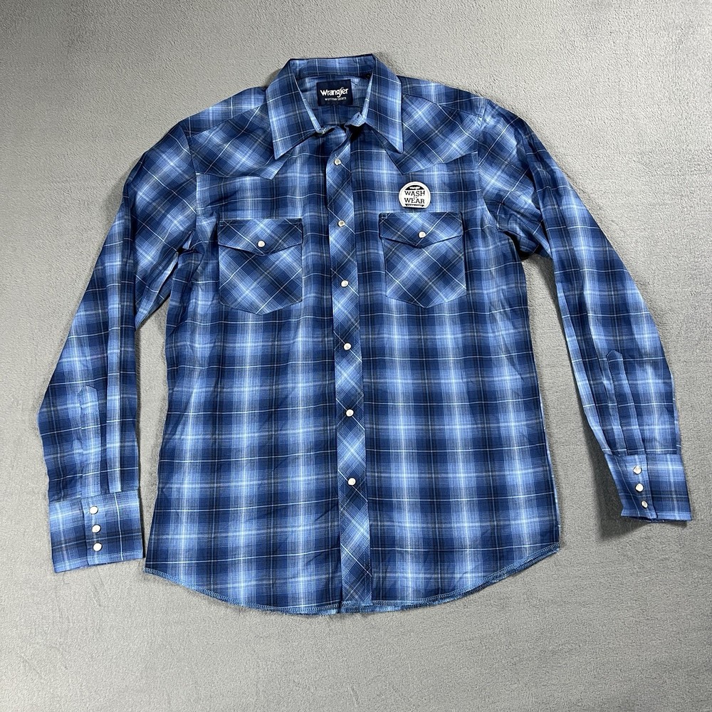 Wrangler Western Shirt Mens M 15.5 Blue Plaid Pearl Snap Lightweight Long Sleeve