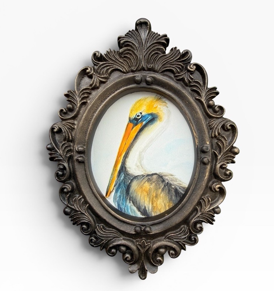 Pelican mini watercolor bird print of original painting • vintage ornate frame