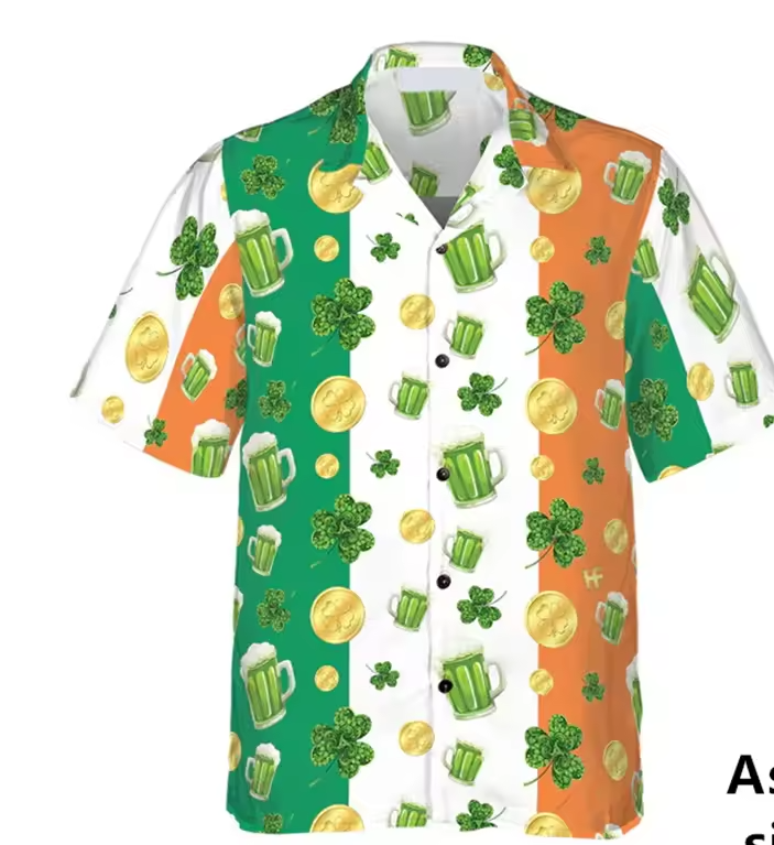 St. Patrick’s Day Hawaiian Shirt Shamrock Green Tropical Button Up