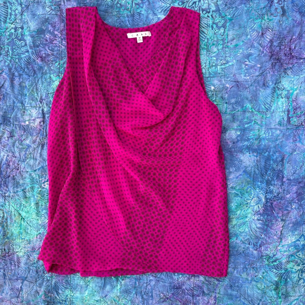 Cabi Sleeveless Sheer Magenta Flower Dot Print Woven Draped Top Size Medium